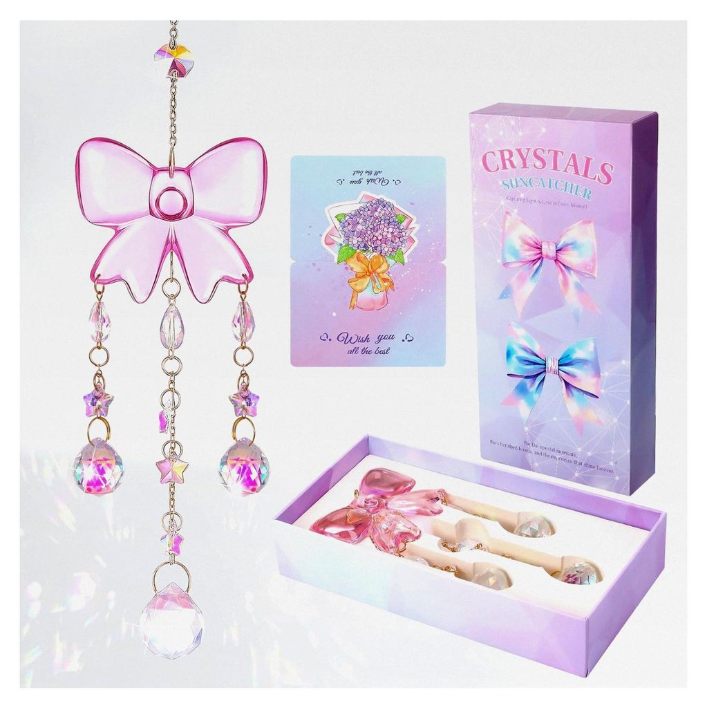 Geschenk für Schwester, Sonnenfänger Kristall mit rosa Schleife 40 cm, Bastelset für Traumfänger Deko für Fenster, Garten und Balkon