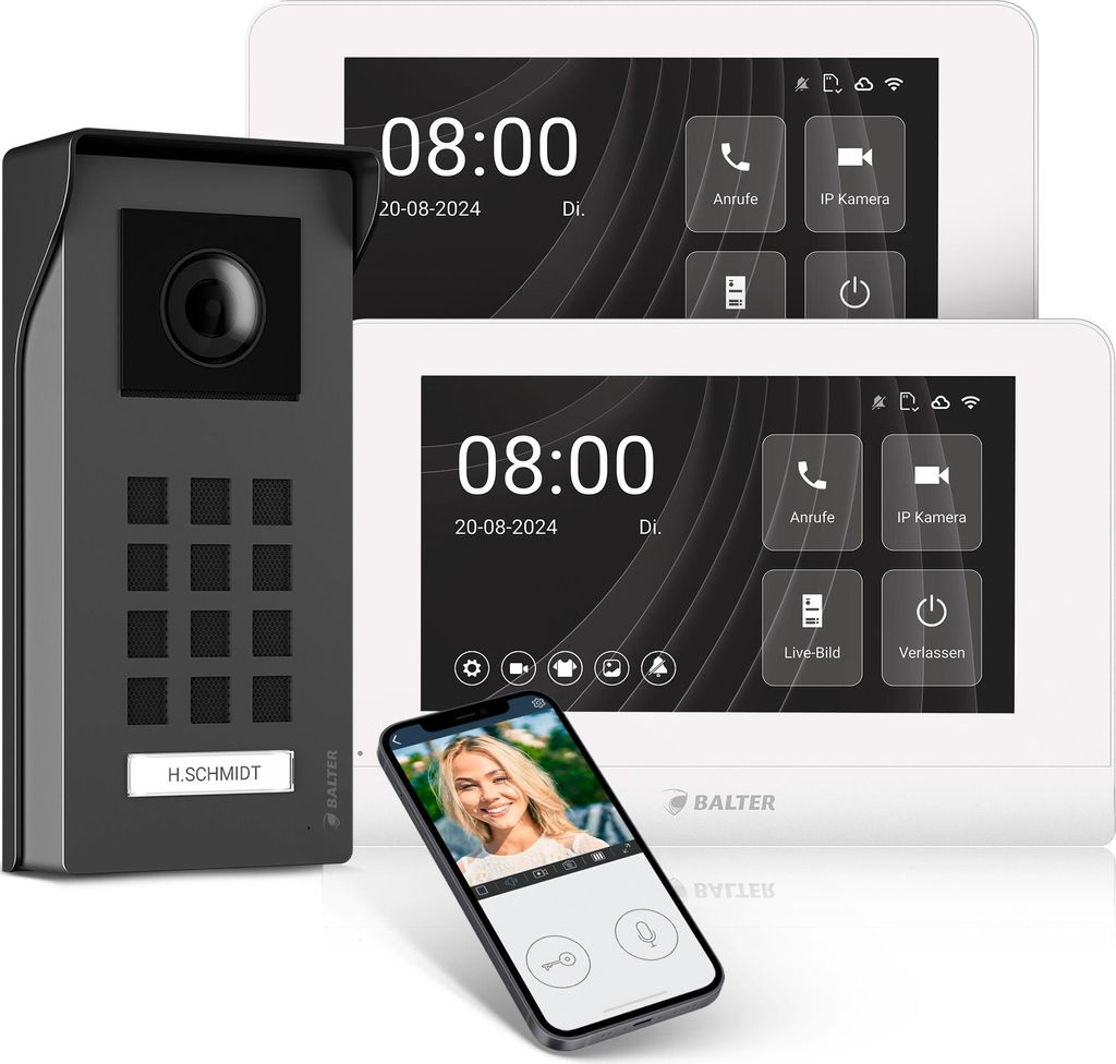 Entri M Video Türsprechanlage, Unterputz Türklingel mit Kamera, Smartphone App, 1 Familienhaus, Video Türklingel, 2x 7" HD-Monitor, Full HD Kamera