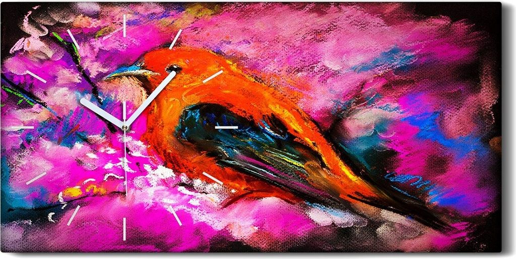 Wandbild Leinwand Bilder mit Uhr Quarz 60x30 Modernes Gemälde eines roten Vogels - weiße Hände