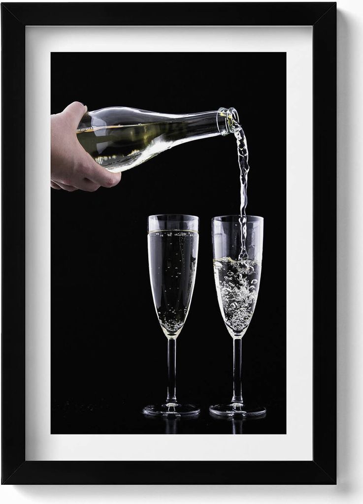 Zwei Gläser und Champagner– Wandbild mit Rahmen – Gerahmtes Bild – Wanddekoration – 20x30 cm – Schwarz