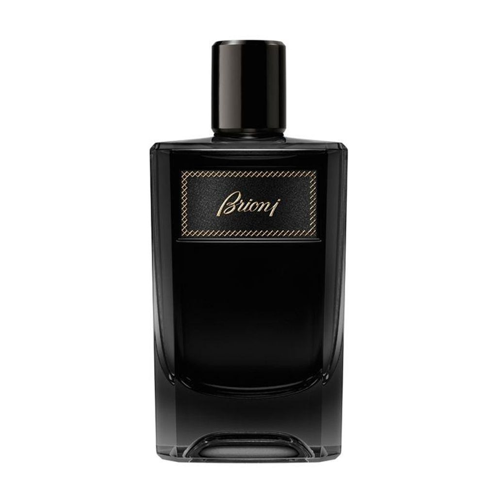 A black bottle of Brioni perfume on a white background.
