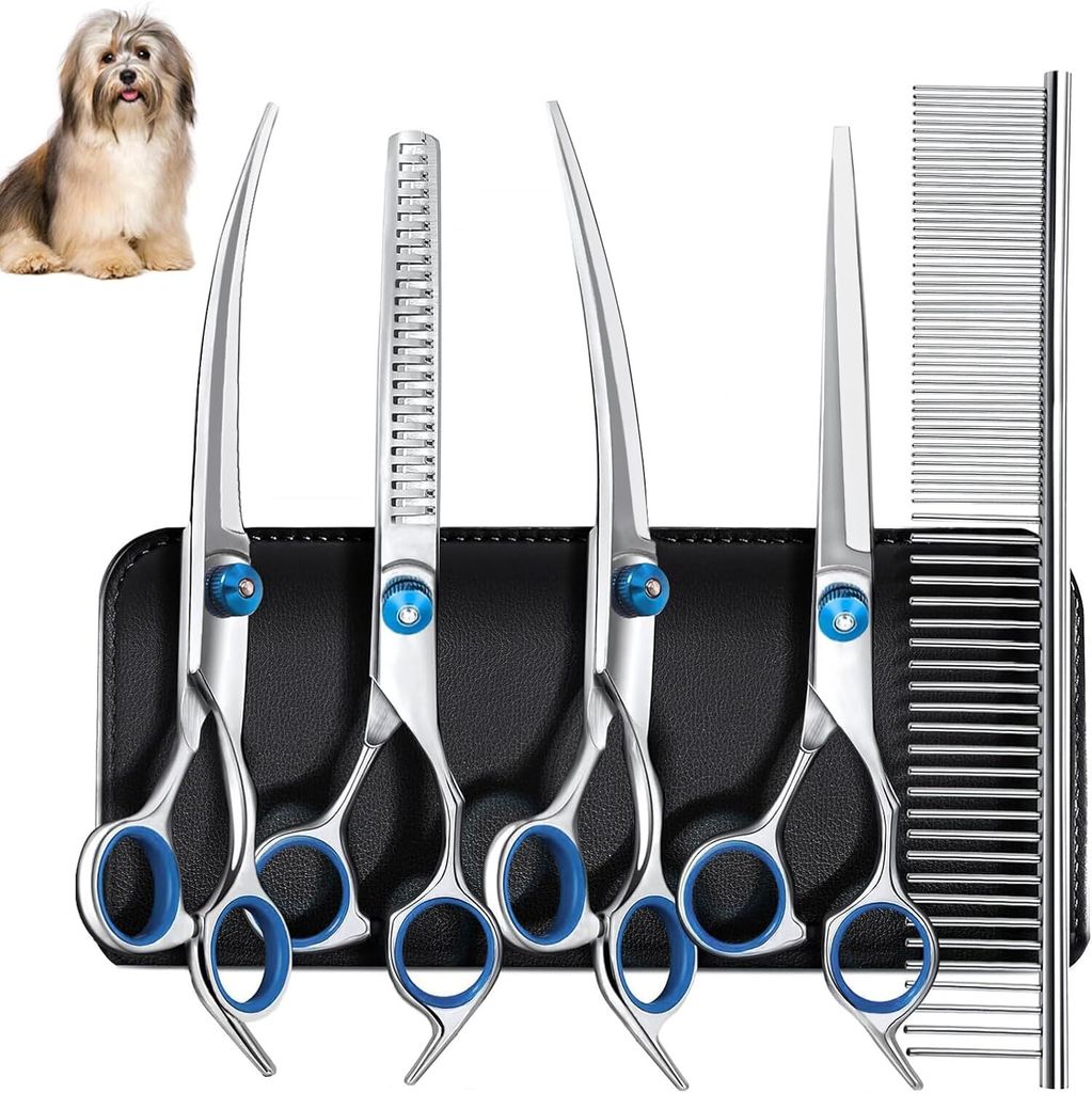 5er-Pack Profi Hundeschere Set, Inkl 1 Effilierschere, 2 Gebogene, 1 Gerade Schere, 1 Fellpflegekamm, für Fellpflege Hund Katze Haustier, für Gan...
