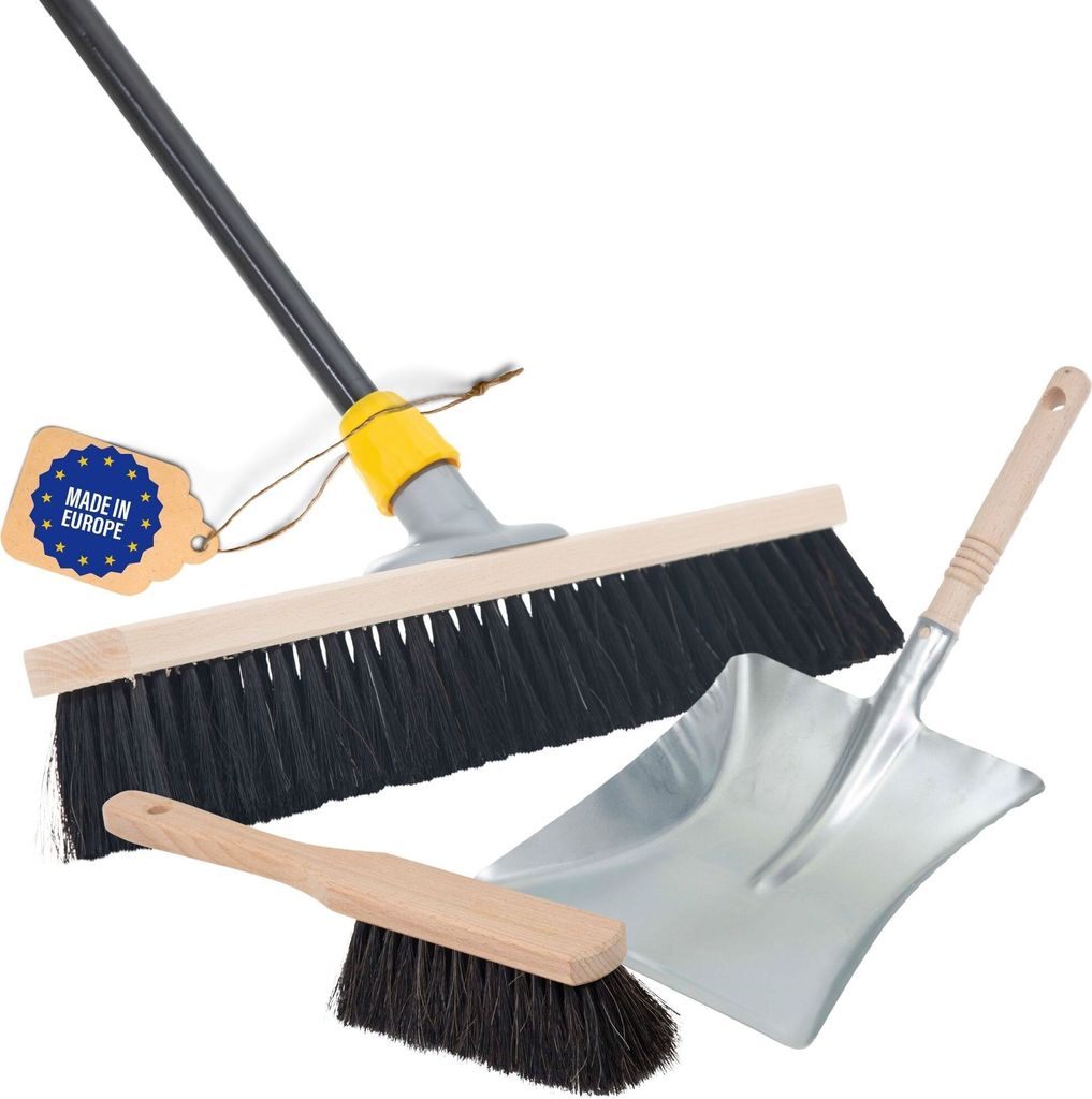 Novaliv Besen 50 cm mit Stiel Saalbesen Haarmischung inkl. Kehrgarnitur verzinkt bestehend aus Kehrblech und Handfeger besen fein Ideal als Werksta...