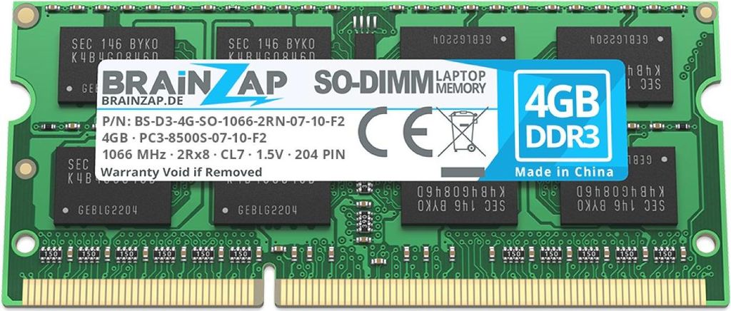 BRAINZAP 4GB DDR3 RAM SO-DIMM PC3-8500S-07-10-F2 2Rx8 1066 MHz 1.5V CL7 Notebook Laptop Arbeitsspeicher