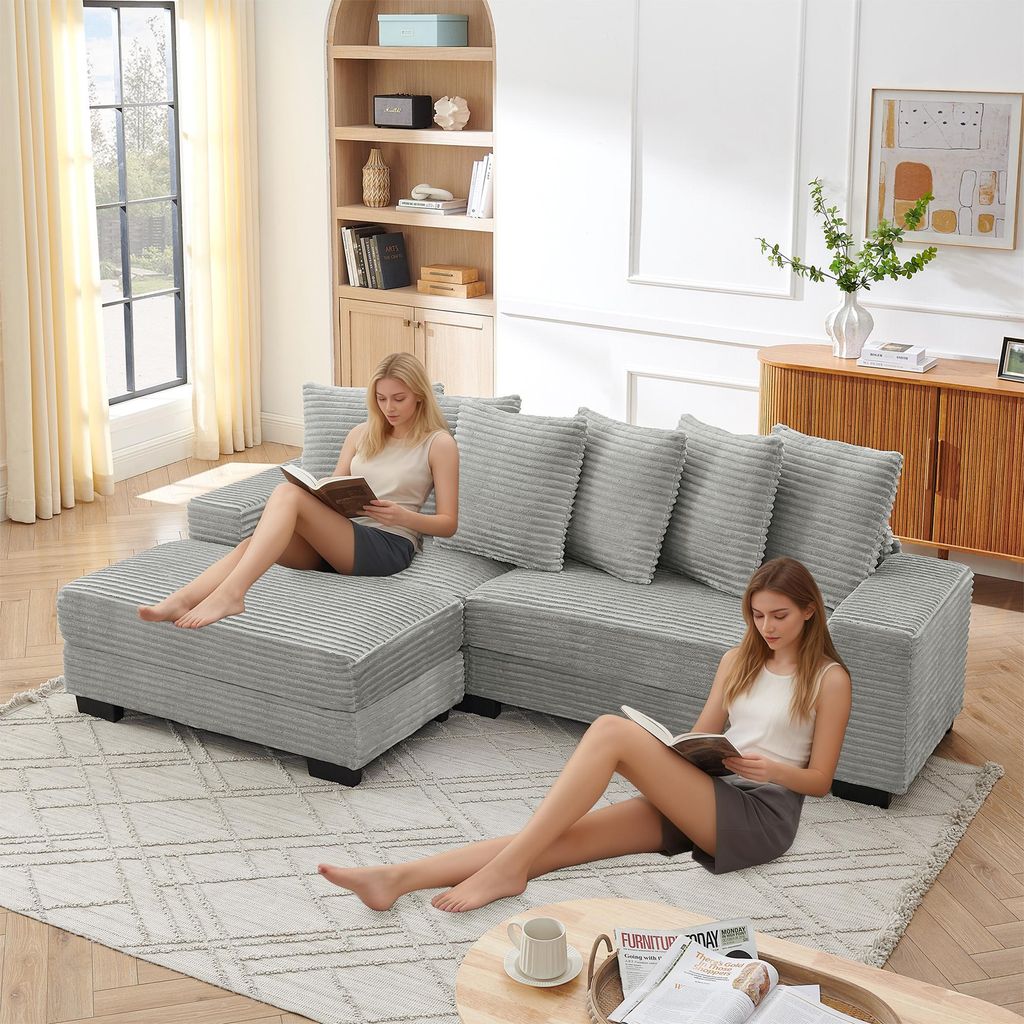 MODFU 4-Sitzer Modulares Sofa Polstermöbel mit Kunststoffbeine und 6 Kissen,Sitzgruppe Relaxsofa mit Kunststoffbeine für Wohnzimmer,Grau