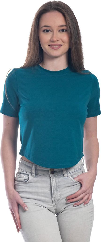 Damen-Crop-Top mit kurzen Ärmeln und Rundhalsausschnitt. Petrol : XS