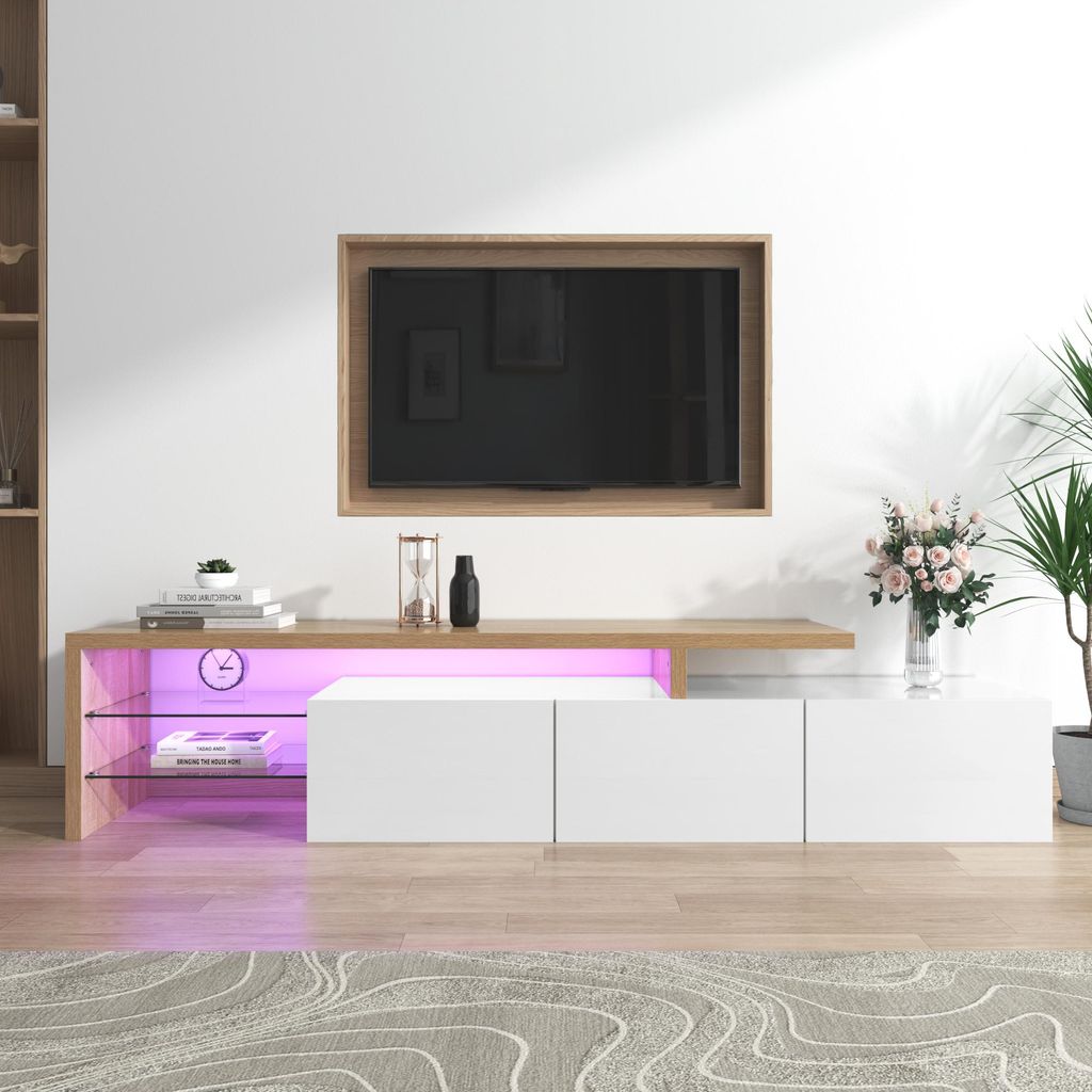 Sweiko Modernes TV-Schrank-Design: Stilvolle Eleganz, praktischer Stauraum, Hochglanzweiß, Holzoptik, Glasböden, LED-Beleuchtung