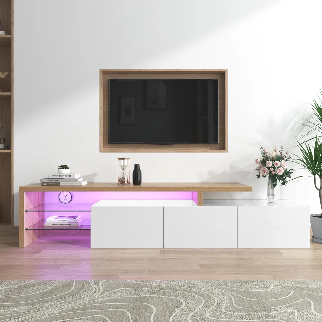 Meuble TV LED Sweiko en verre et bois au style épuré et lumineux