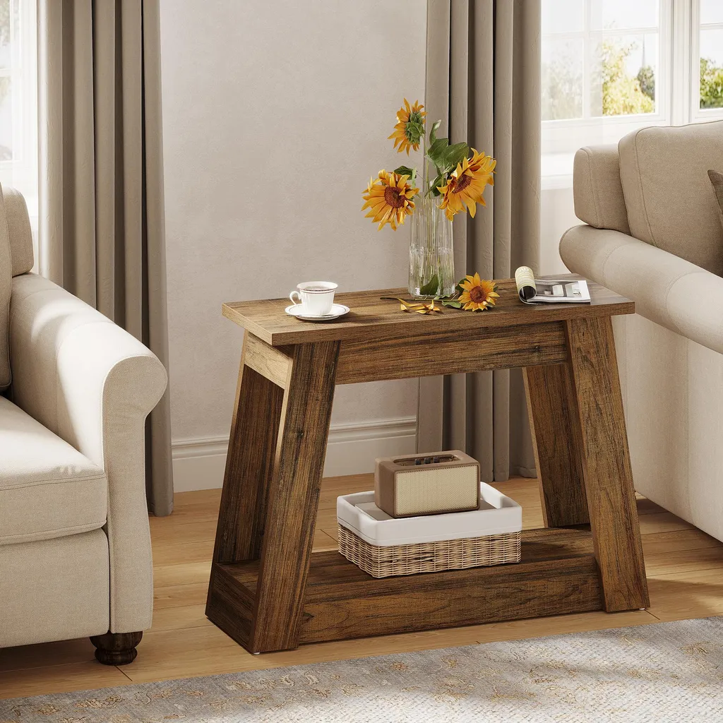 Table d'appoint rustique à 2 niveaux en bois robuste pour petit espace