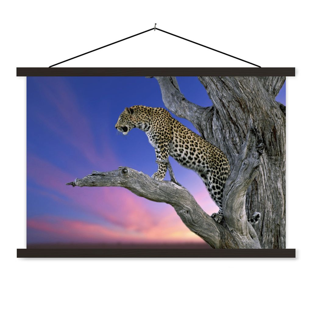 MuchoWow Textilposter Leopard - Baum - Zweig 90x60 cm mit schwarzem Rahmen - Aufhängungssatz