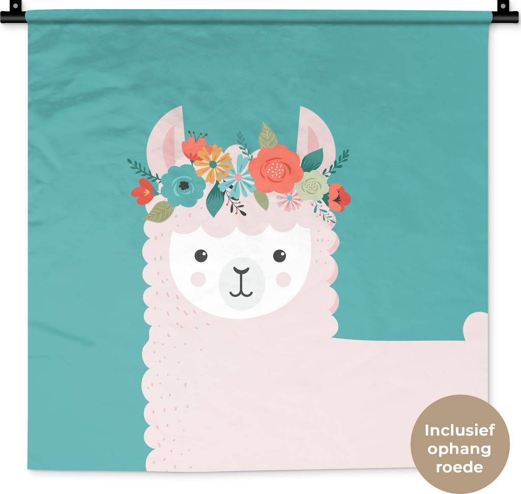 MuchoWow Wandteppich Wandbehang Lama - Blumen - Kinder 60x60 cm Tapisserie Dekoration Wandtuch - Dekorationen - Wand Decke