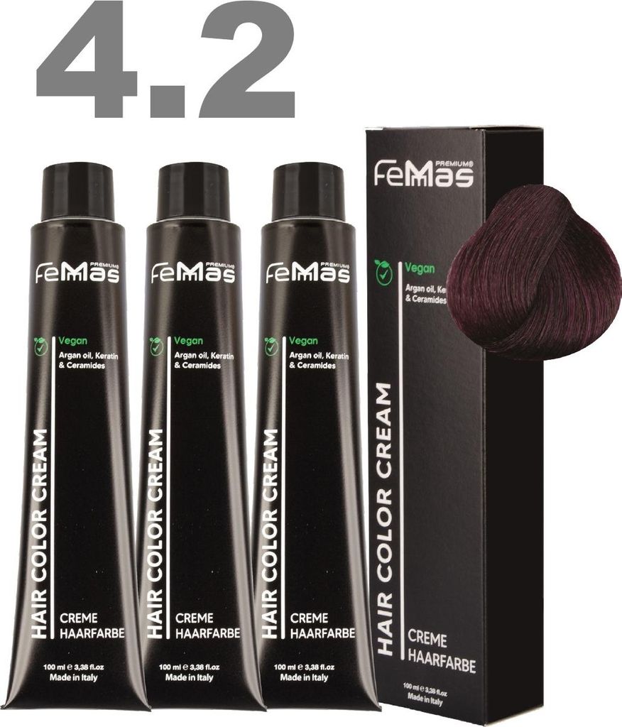 FemMas Haarfarbe mit Arganöl Mittelbraun Violett 4.2 | 3x100 ml
