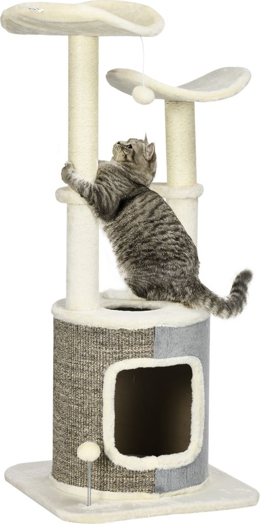 PawHut Kratzbaum, 110 cm, Kletterbaum mit Katzenhöhle, Katzenbaum mit Plattform, Katzenkratzbaum, Katzenmöbel mit Spielball, Sisalsäule, Öffnun...
