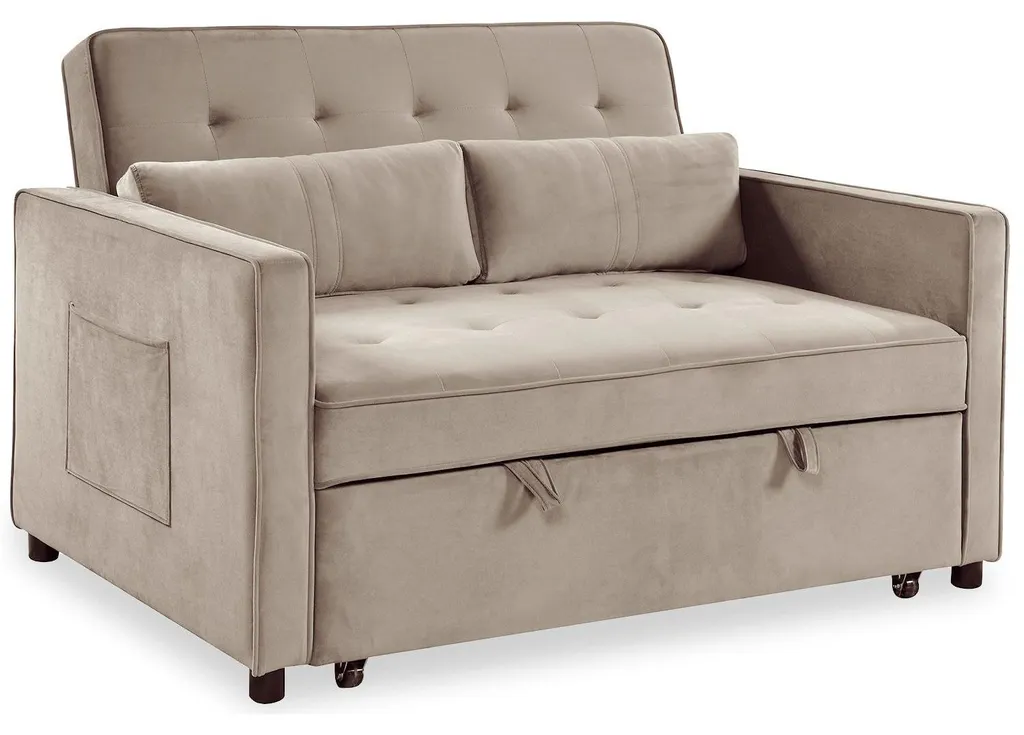 Petit canapé convertible Komaria Velours Beige avec pieds en bois