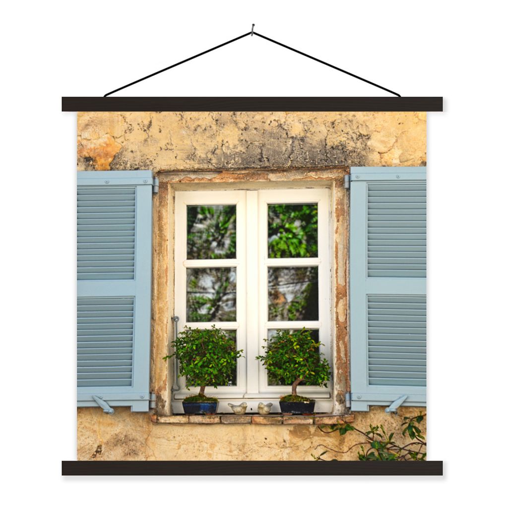 MuchoWow Textilposter Alte Mauer mit blauen Fensterläden 90x90 cm mit schwarzem Rahmen - Magnetisches
