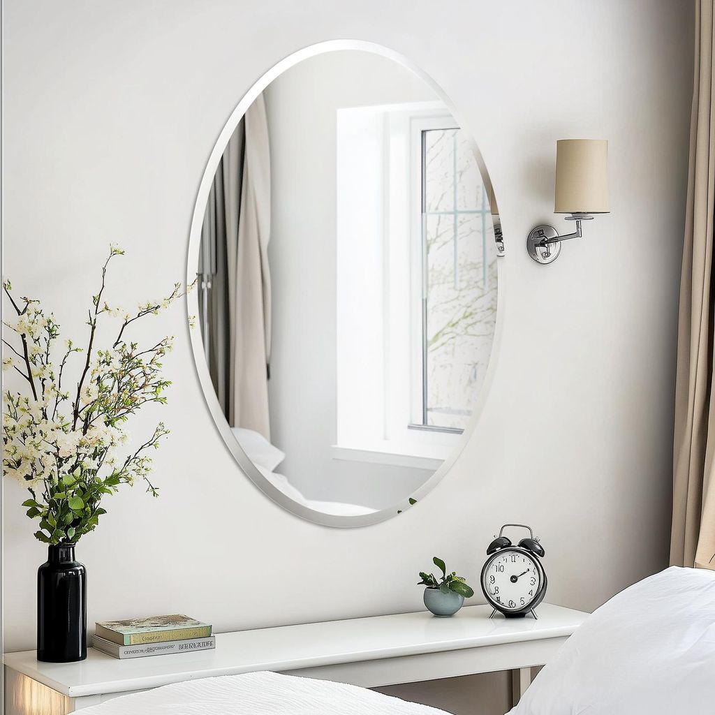 Vrygle Ovaler Wandspiegel 60x80 cm—Dekorativer HD Spiegel für Wohnzimmer, Schlafzimmer & Badezimmer, Silber mit abgeschrägter Kante