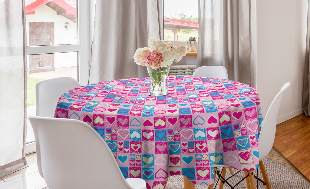 ABAKUHAUS Liebe Runde Tischdecke, Flüchtige Kindisch Herzen, Kreis Tischdecke Abdeckung für Esszimmer Küche Dekoration, 150 cm, Rosa-Blau-Creme