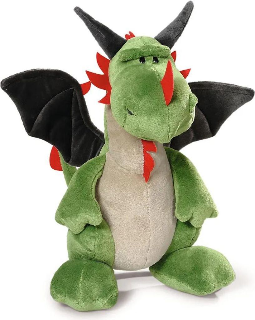 A plush toy dragon is sitting and facing forward against a white background.