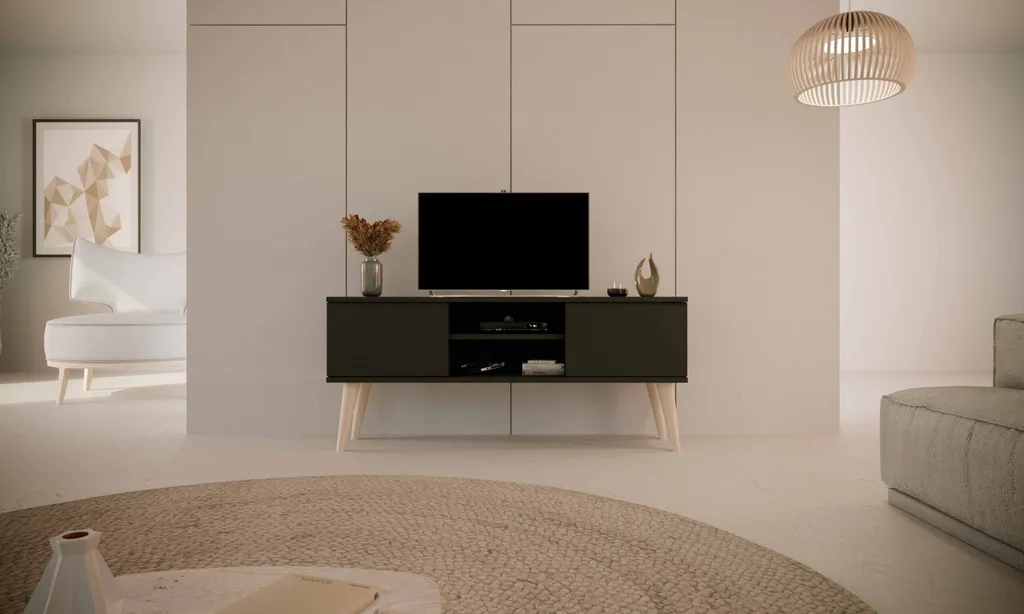 Meuble Bas TV 120cm Noir Mat Modern Rtv Design Scandinave Élégant