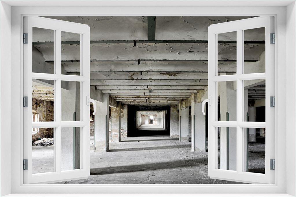 Wallario selbstklebendes Poster mit Fenster-Illusion - Alte Industriehalle - einsame Lagerhalle einer Brauerei, Größe: 61 x 91,50 cm