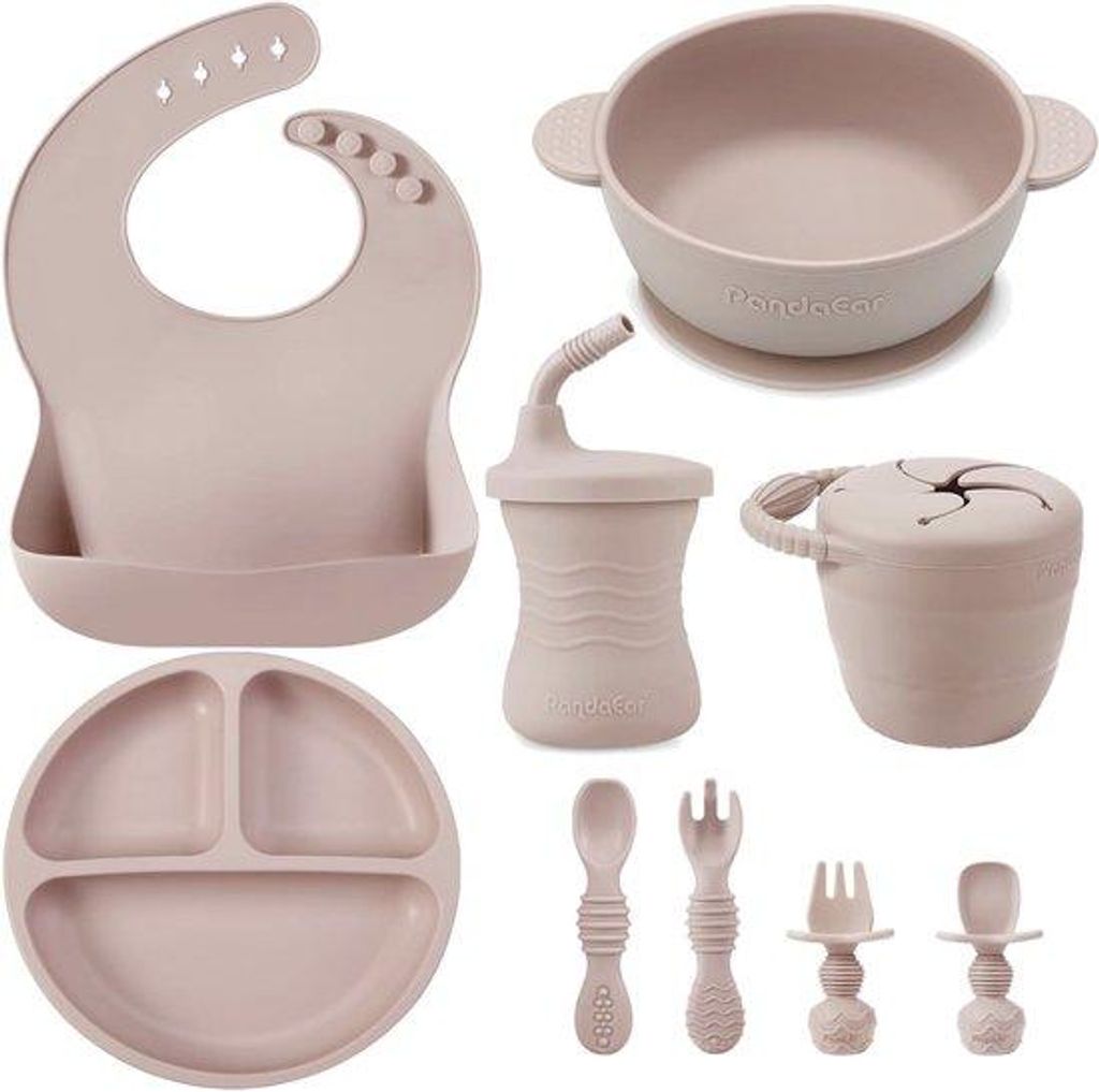 Silikon Baby-Essen-Set 9-teilig – Kinder Tisch und Besteck mit Löffel – Baby Schüssel, Trinkbecher, Löffel und Gabel – BPA-frei Baby-Essen...