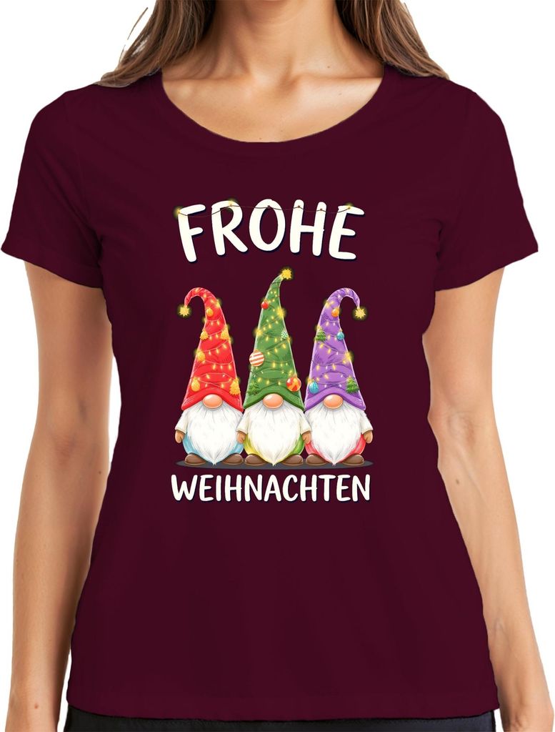 Frohe Weihnachten Wichtel Gnom Weihnachtsmütze Lichterketten Damen T-Shirt, Burgundy, XXL