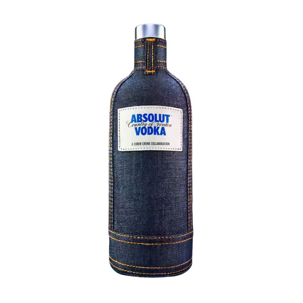 Absolut Vodka Denim 1L - Limited Edition 2013 – Absolut Wodka in exklusiver Denim-Hülle mit Kälteschutz – Streetfashion-Design von Loren Cronk