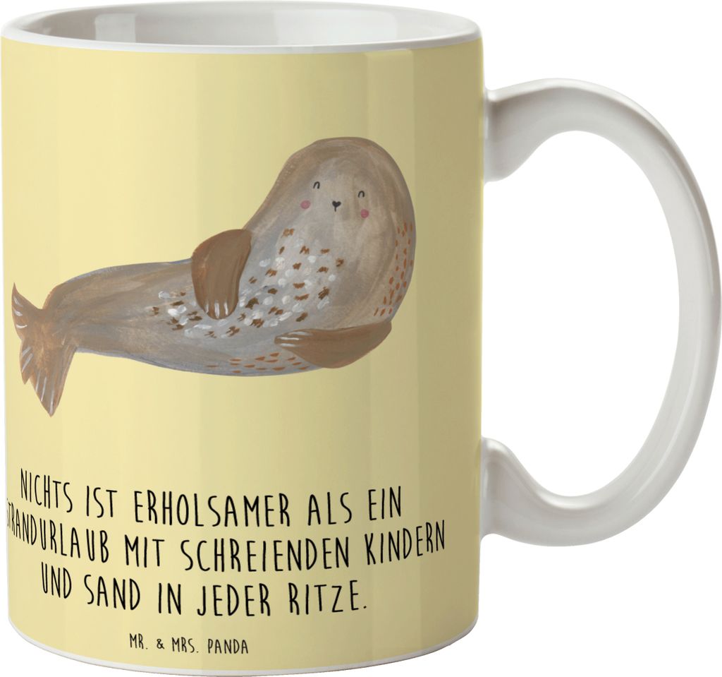 Mr. & Mrs. Panda Trinkbecher Sommerchaos - Gelb Pastell - Geschenk, Tasse, Sommerferien, Kamin, Kaffeebecher, Summer Feelings, Teetasse, Henkelpott...
