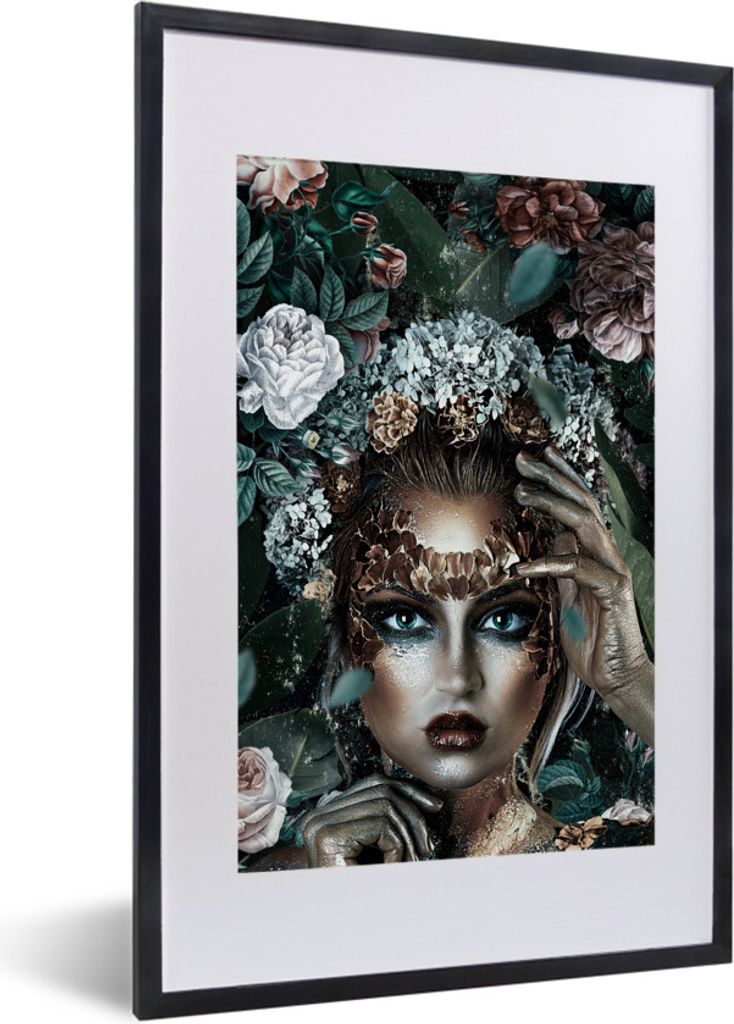 MuchoWow MuchoWow Gerahmtes Poster Silber - Frau - Blumen 40x60 cm - Poster mit zchwarzem Bilderrahmen - Poster in Rahmen