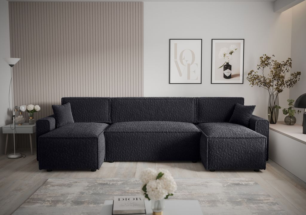 Ecksofa Alvito U BIS, Farbe: Schwarz. Material: Bouclé. A: B: 330 cm,H: 85 cm,Otomana Länge: 140 cm, Eckcouch, Schlafcouch, Sofa bed, Schlafsofa