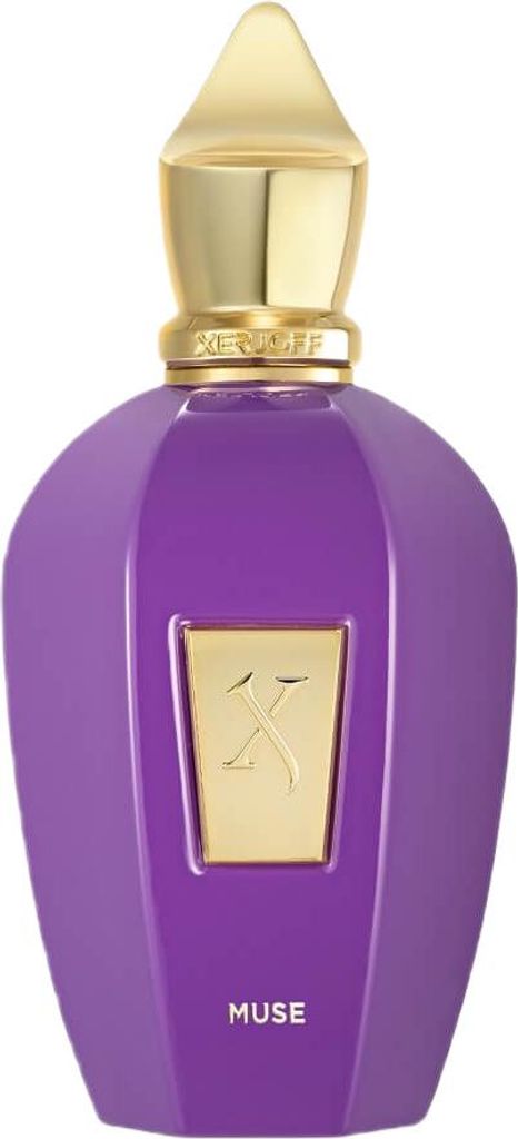 A studio shot of a purple perfume bottle with a gold cap and emblem.
