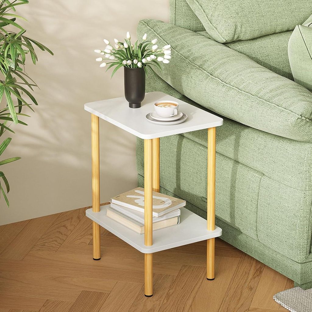 Beistelltisch 2 Ebenen Holz Nachttisch schmal Stauraum - Skandinavischer Stil Schlafzimmer Wohnzimmer - einfache Montage weiß/natur