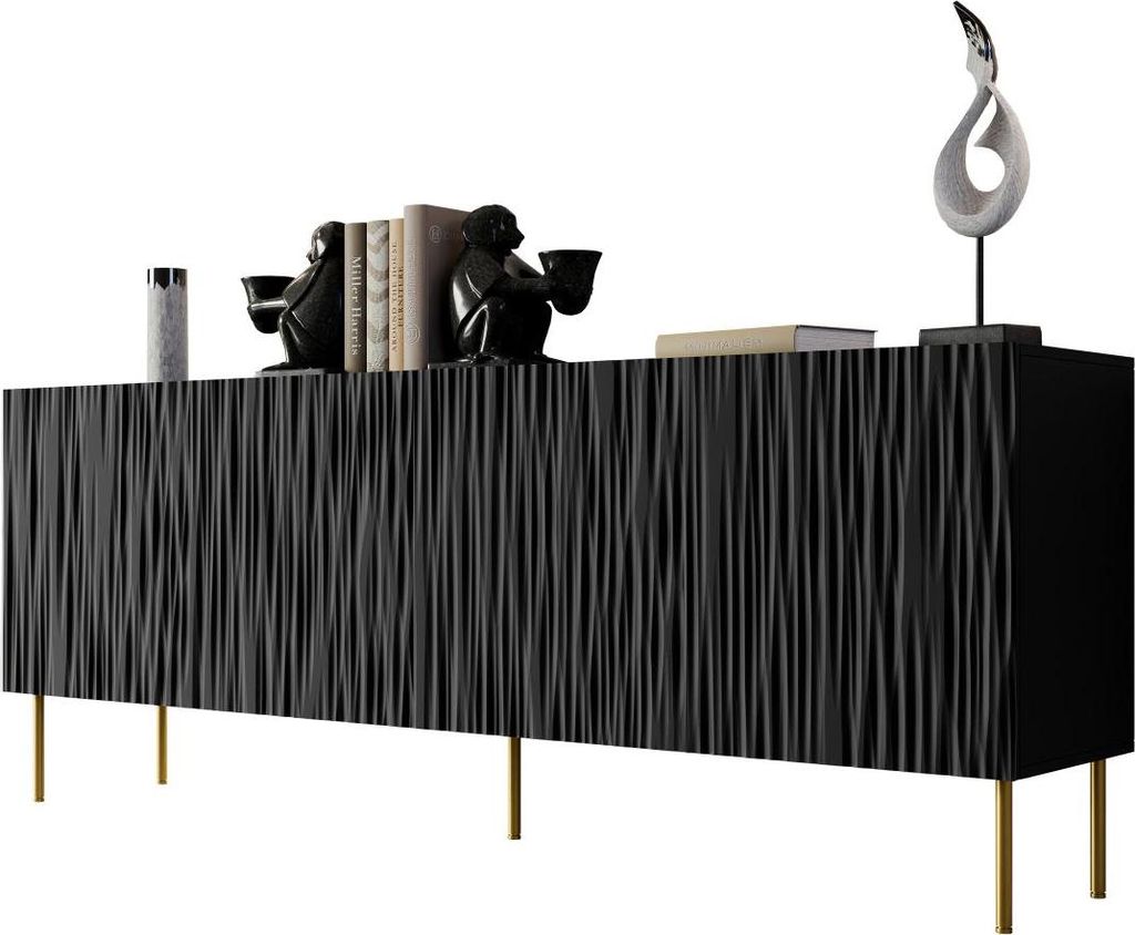 MIRJAN24 Kommode Jungle 190, Sideboard mit 4 Türen, Highboard mit Metallfüße, Griffloses Öffnungssystem push to open (Farbe: Schwarz)