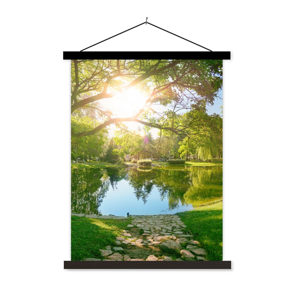 MuchoWow Textilposter Bäume - See - Sonne - Gras - Natur 90x120 cm mit schwarzem Rahmen - Dekoration