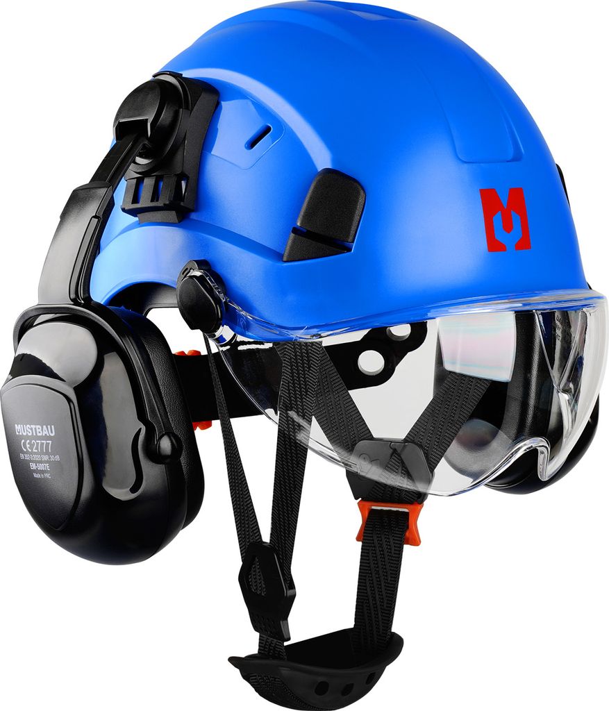 Mustbau Sicherheitshelm-Set, EN397 Schutzhelm mit Ohr- und Gesichtsschutz, verstellbares Kopfband von 53 bis 63 cm, strapazierfähiges ABS-Material