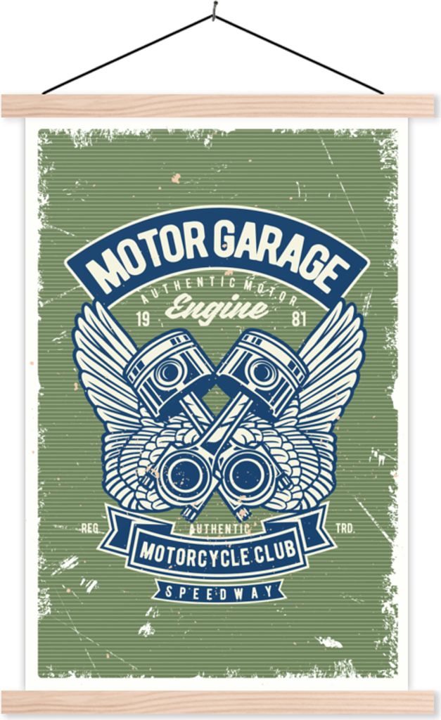 MuchoWow Textilposter Mancave - Auto - Motorrad - Retro 120x180 cm mit holzfarbenen Rahmen - Textil-Plakat