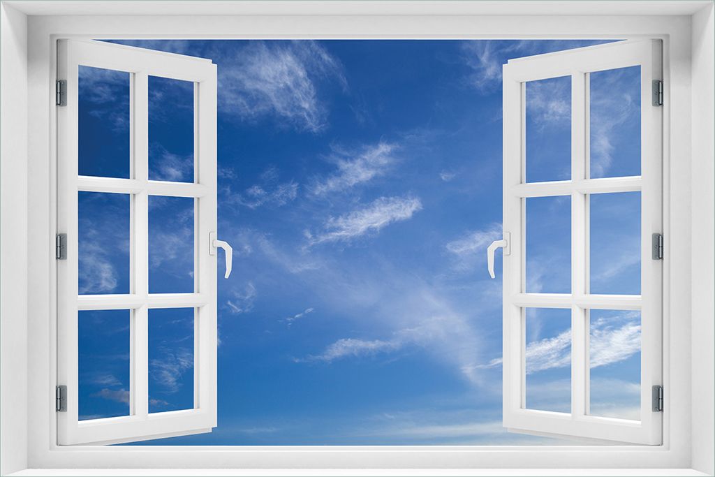 Wallario Wandbild aus Acryl, 60 x 90 cm, freischwebende Optik - Blauer Himmel mit vereinzelten Wolken mit Fenster-Illusion