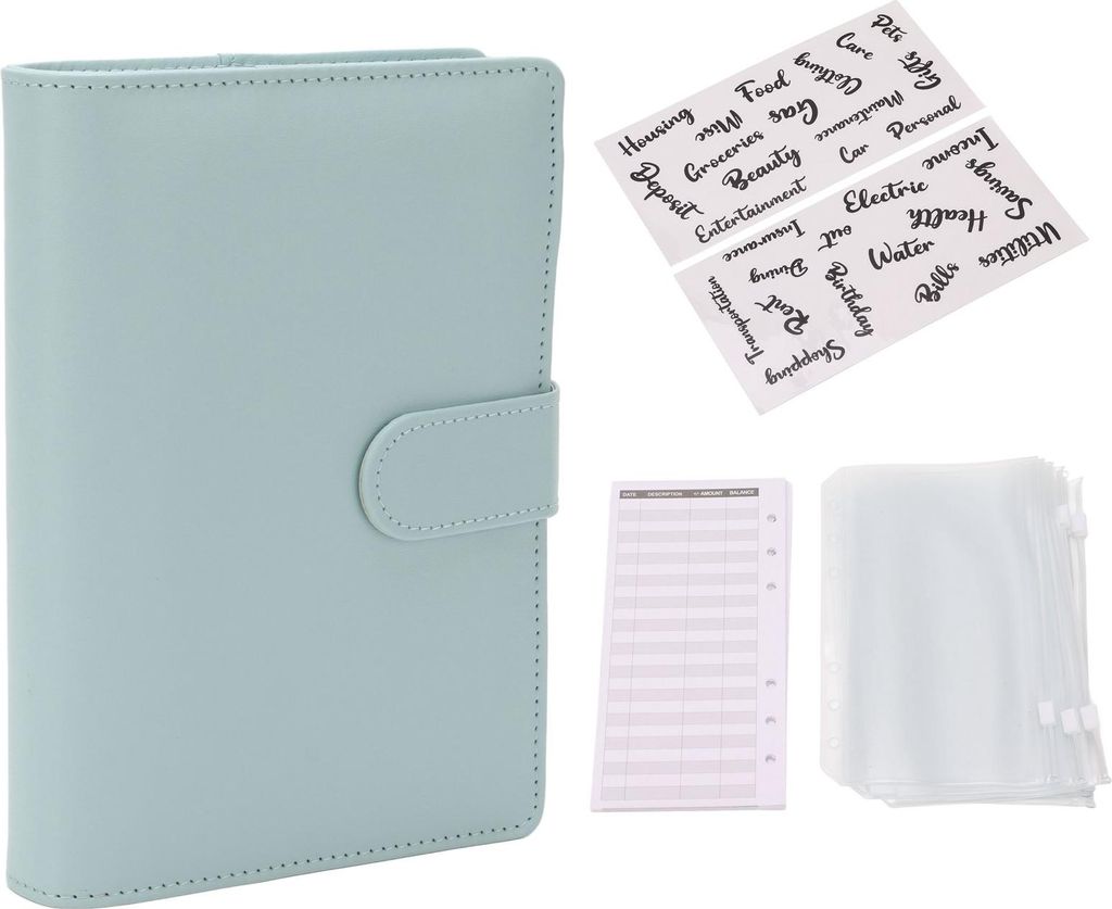 Budget Binder A6 6 Holes PolyurethanLeather Notebook Binder 12 Pcs Budget Sheet 8 Pcs Transparent Zipper Bags Budget Binder Blue