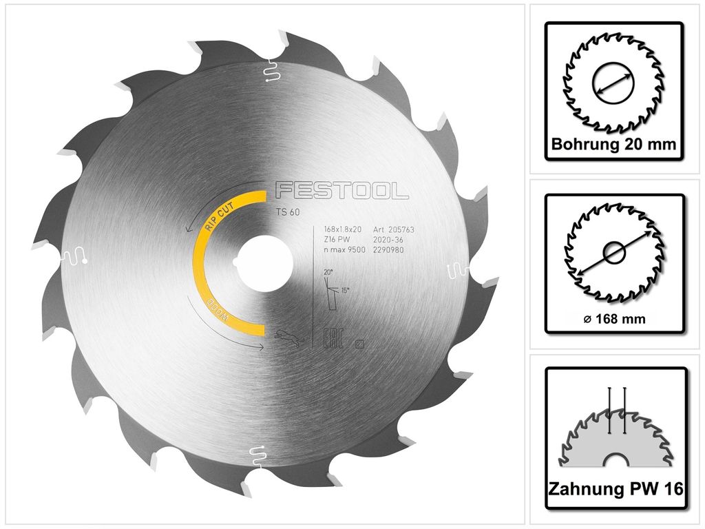 Festool Kreissägeblatt WOOD RIP CUT HW 168x1,8x20 PW16