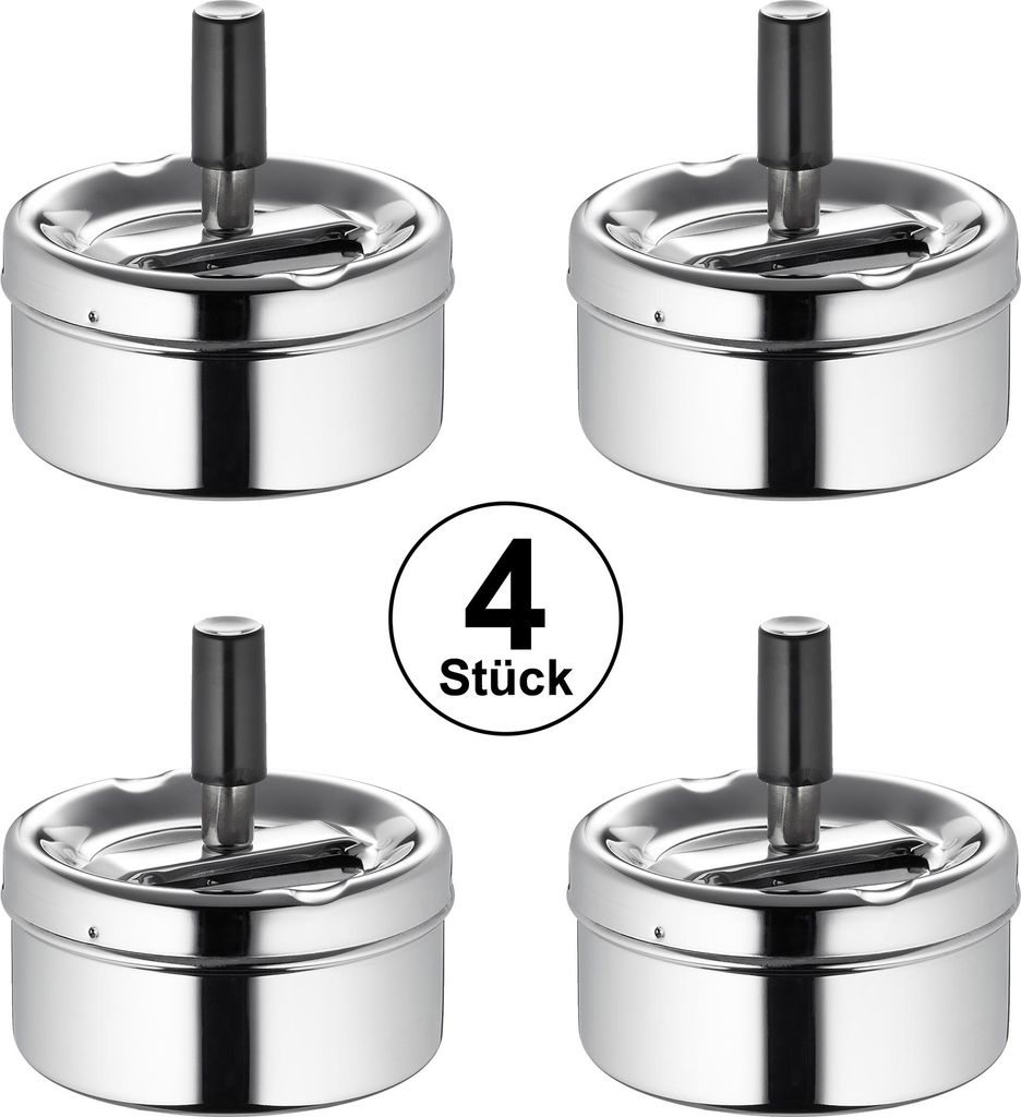 4er Set Verchromter Drehaschenbecher, 9cm Durchmesser, Metall, geruchsarm, Innen, Außen, Terrasse, Balkon, Wohnung