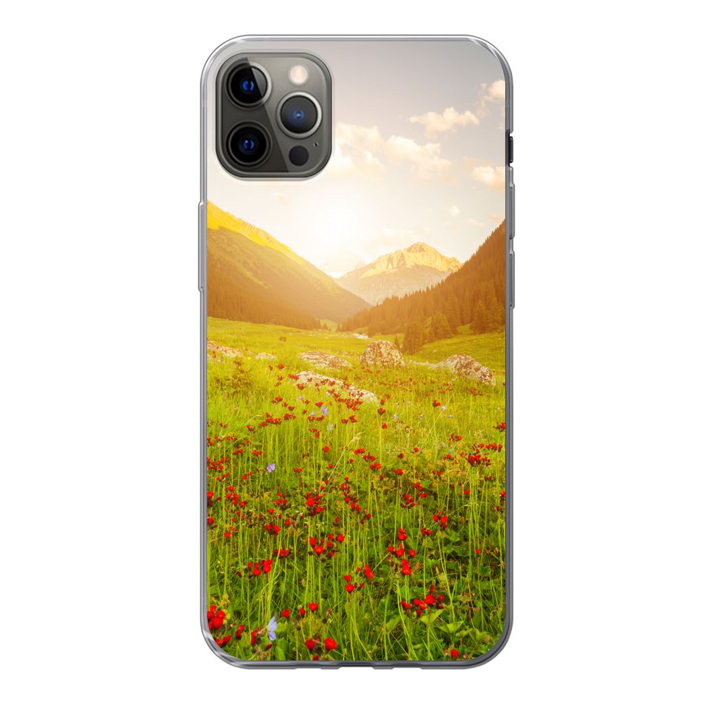 MuchoWow Handyhülle Schutzhülle Hülle für iPhone 13 Pro Max Blumen - Berg - Sonne Silikon Softcase Handy Hülle - Mobiltelefon