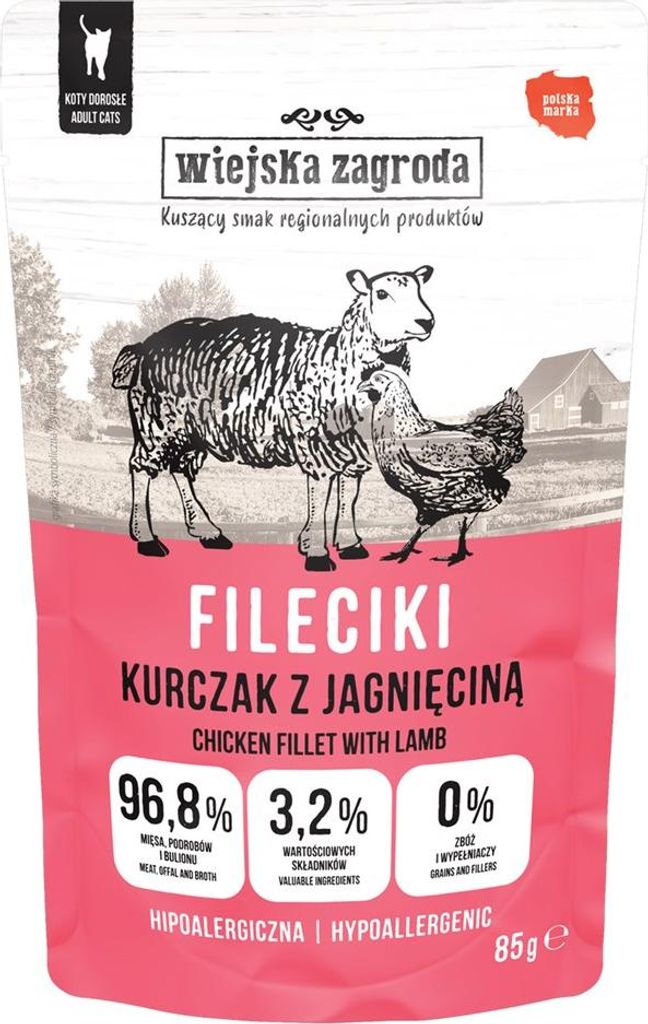 Wiejska Zagroda Nassfutter für Katzen, Hähnchen- und Lammfilets, 85 g
