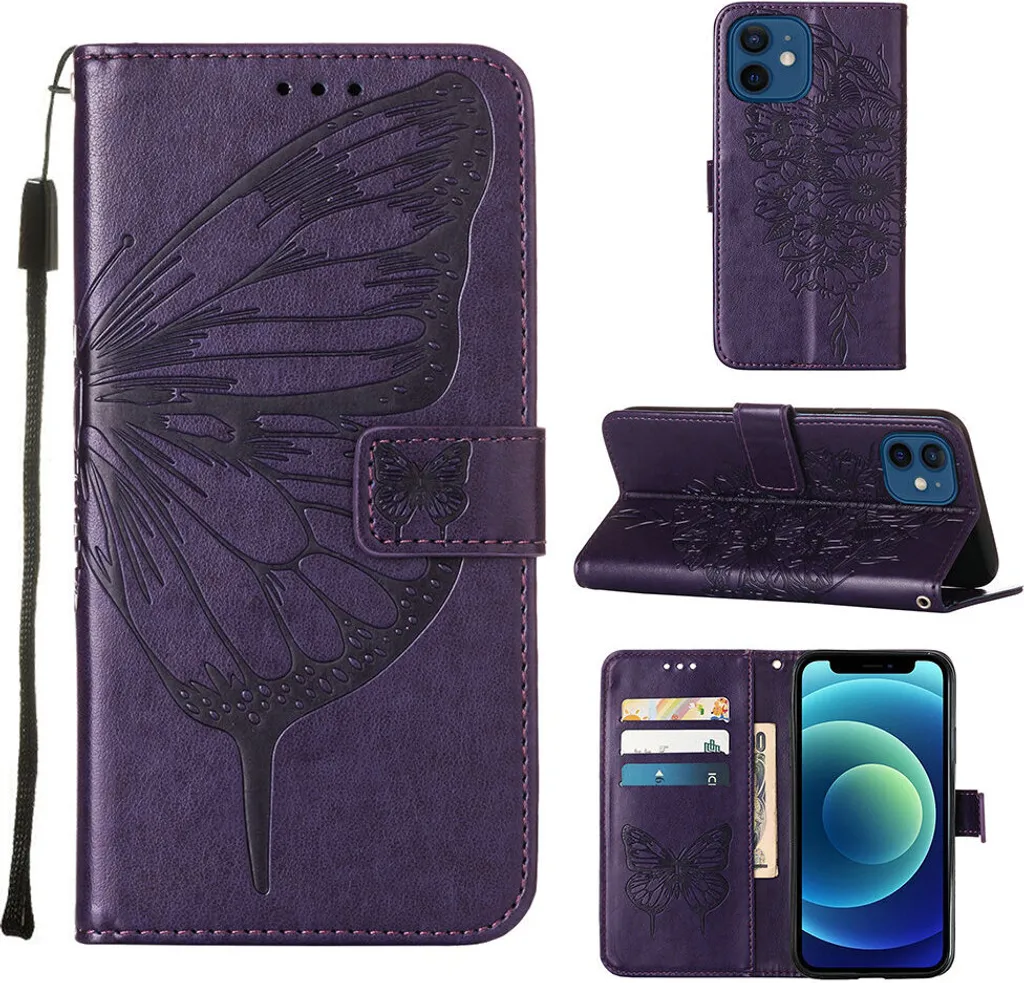custodia per iPhone 12 Mini, Custodia in pelle Flip Butterfly Relief con slot per schede e supporto per iPhone 12 Mini Viola