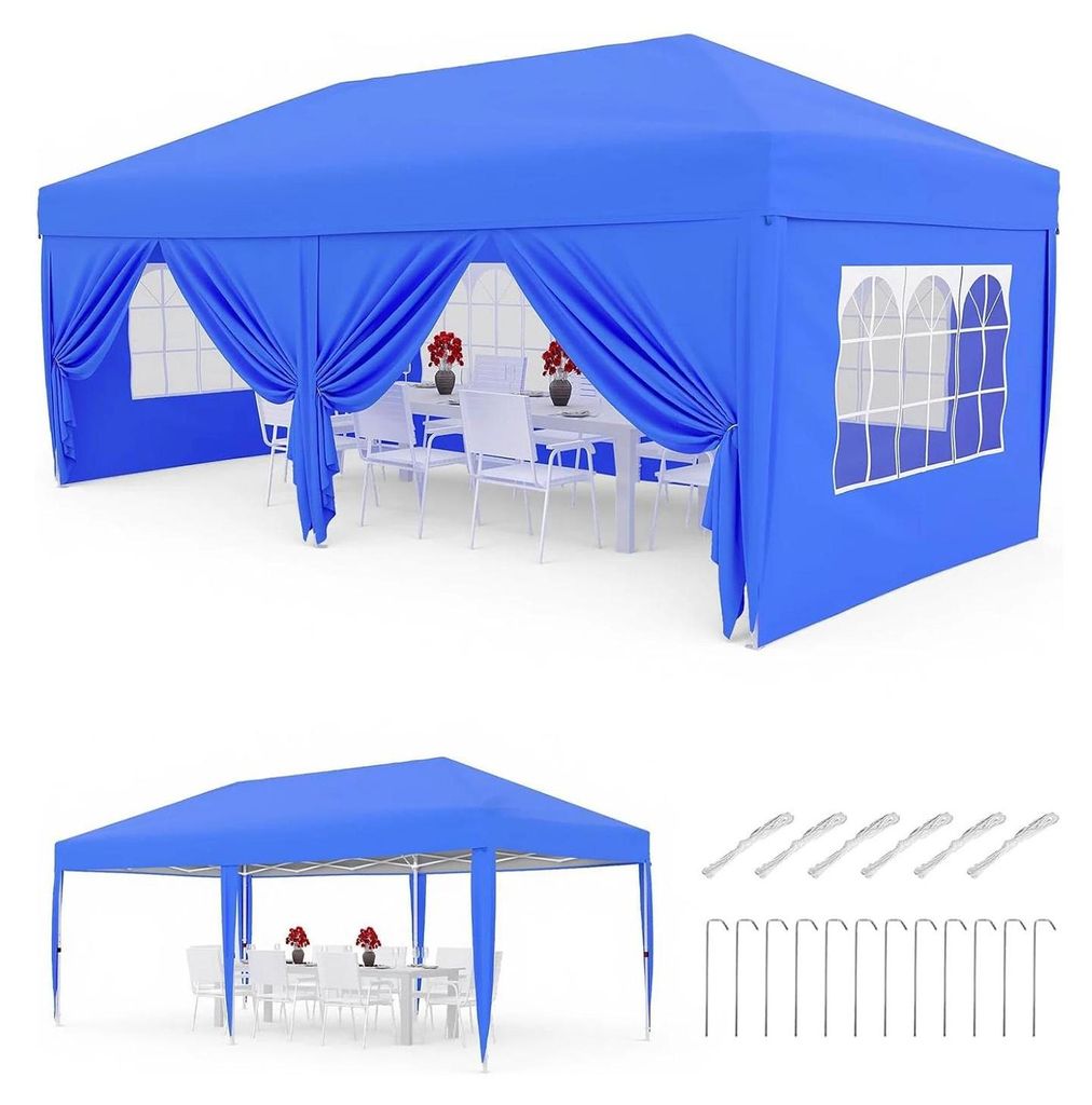 Pop Up Pavillon - 3 x 6 m Faltzelt - 6 Seitenwände - Wasserdicht 1000–1500 mm - Schnellaufbau - Tragetasche mit Rollen - Blau