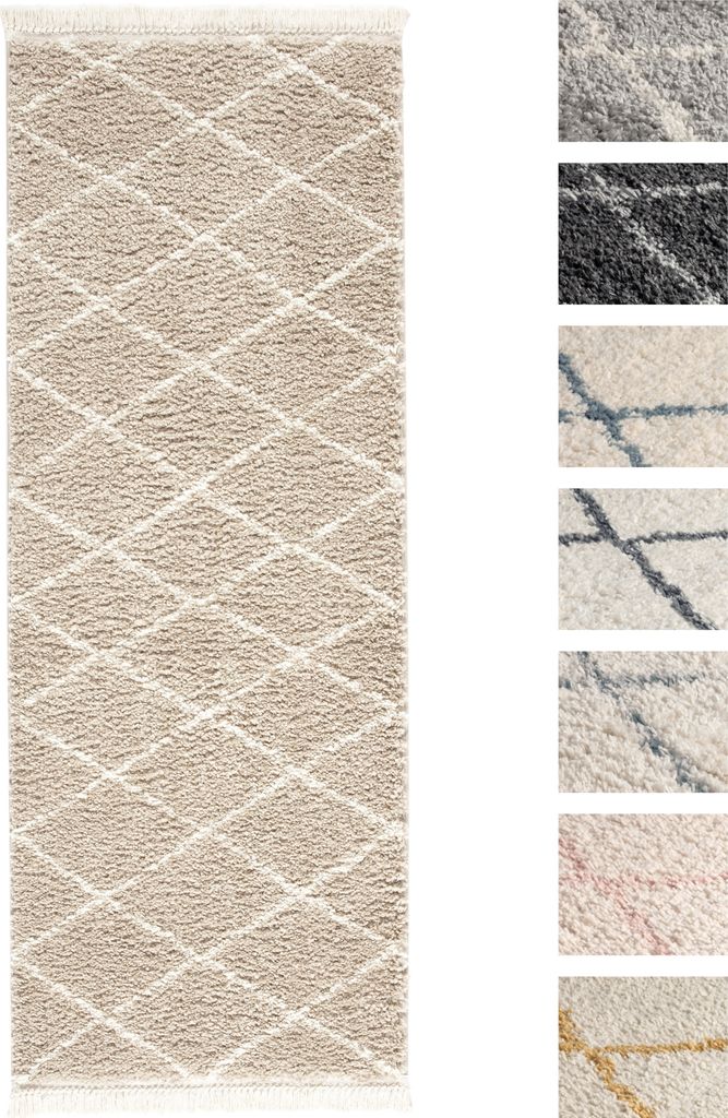 Hochflor Teppich Laufer 80 x 300 Beige Diamantmuster , Super Soft Moderner Shaggy Teppich