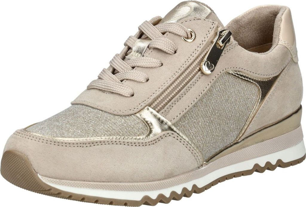 A single beige sneaker with gold accents is shown from a side-angle against a white background.