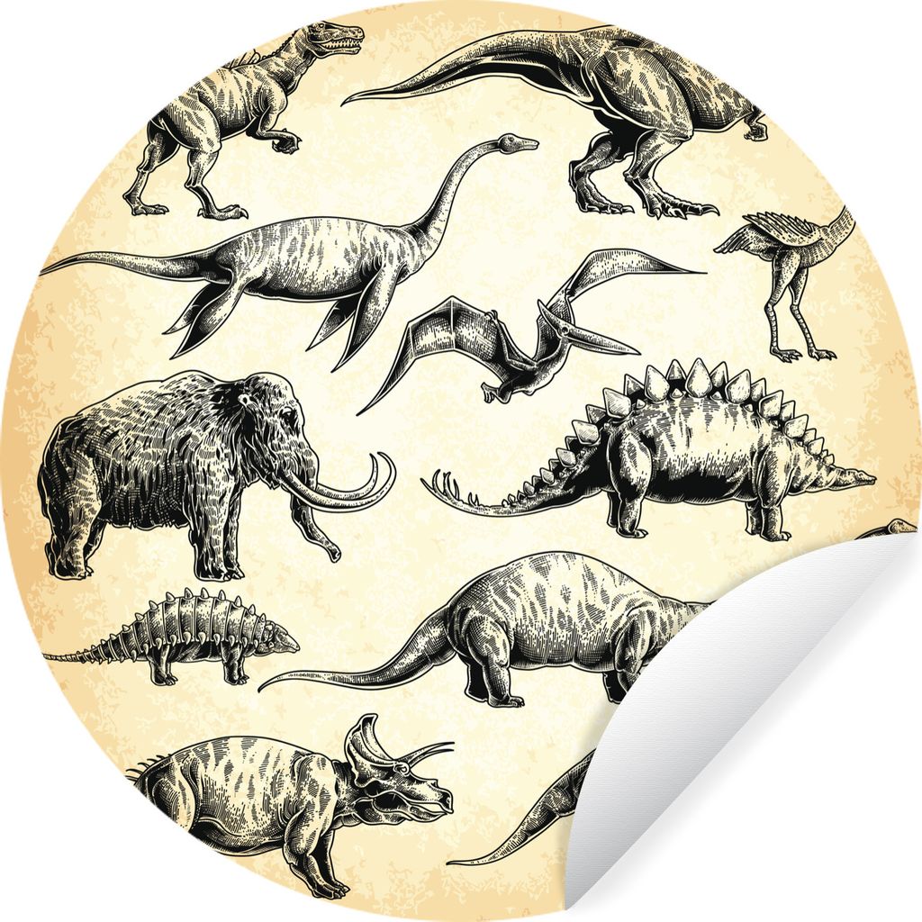 MuchoWow Runde Wandtattoo - Wandsticker Tapete Aufkleber Dinosaurier - Vintage - Zeichnung - Kinder - Kinder - Kind Ø 100 cm Selbstklebend und R...