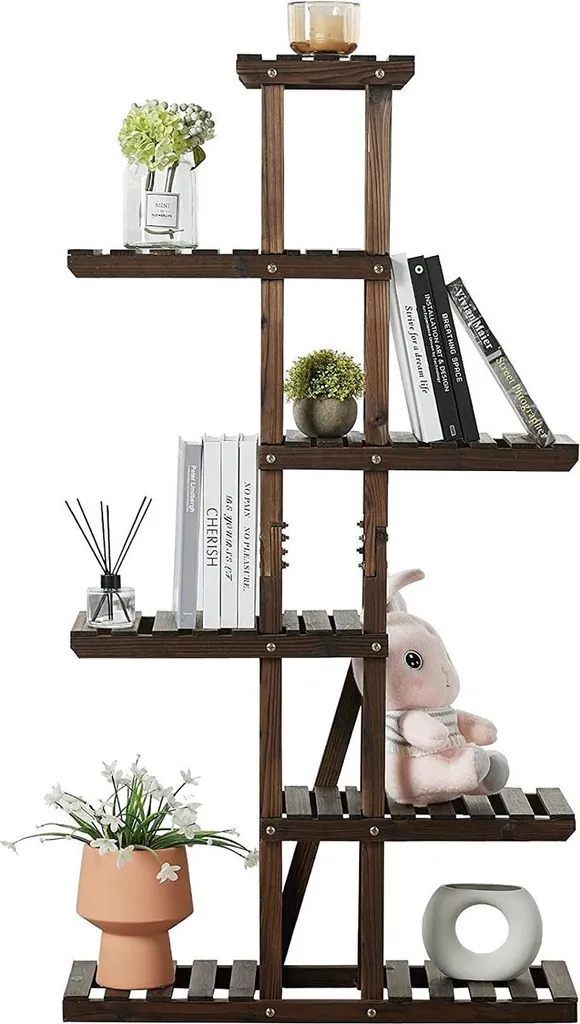 Étagère à fleurs multi-niveaux en bois naturel pour plantes et déco