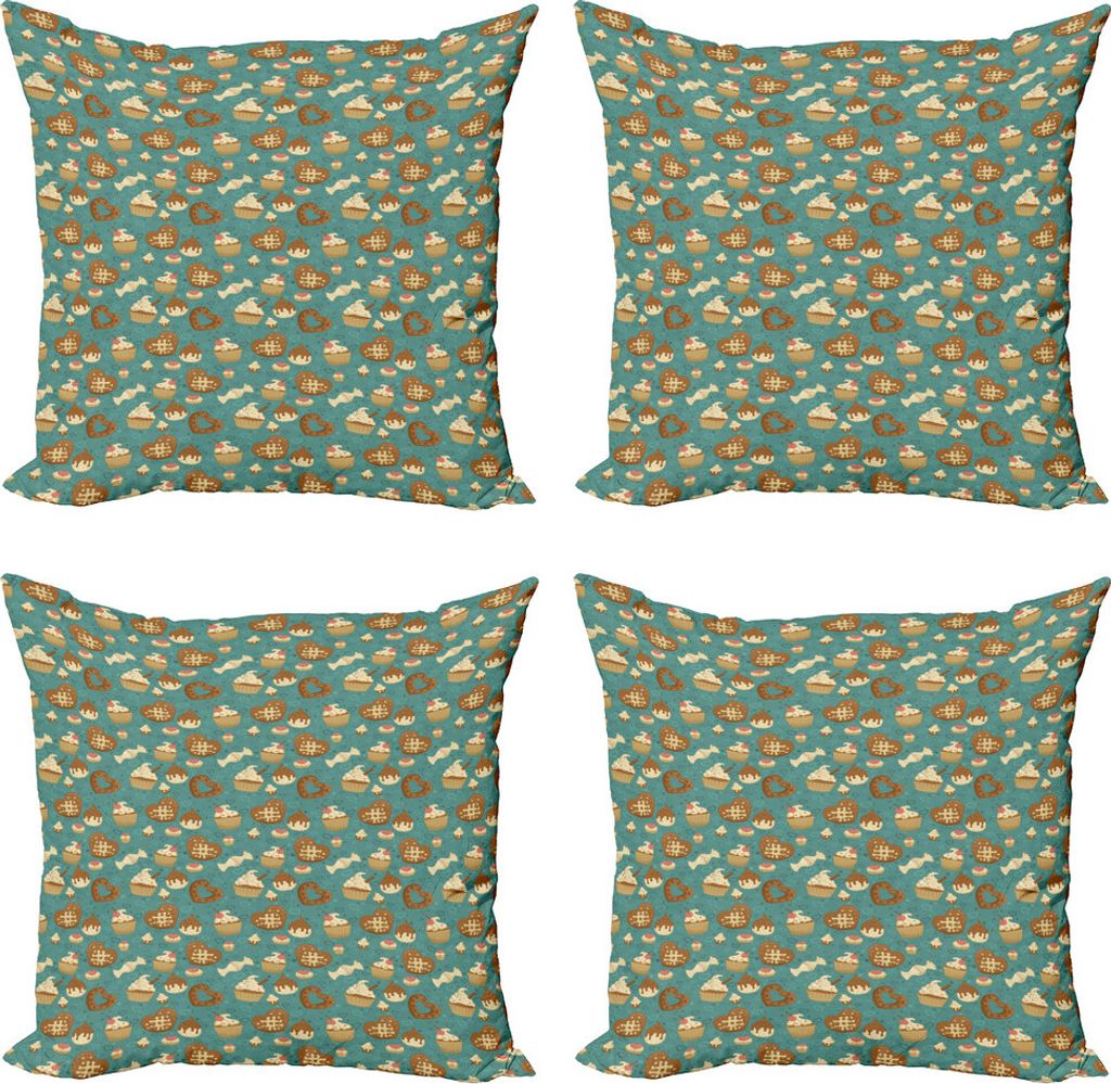 ABAKUHAUS Dessert Kissenbezug Set (4 Stück), Herzhafte Kuchen-Medley, Moderner Doppelseitiger Digitaldruck, 50 cm x 50 cm, Teal Caramel Sand Braun