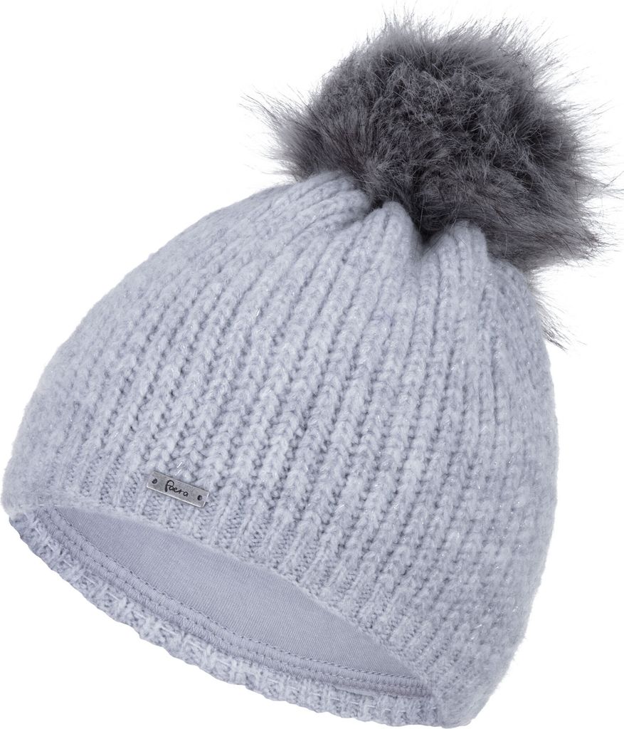 Faera Damen Bommelmütze Wintermütze leichter Glitzer Fleece Futter Beanie Mütze 77, Farbe:Hellgrau